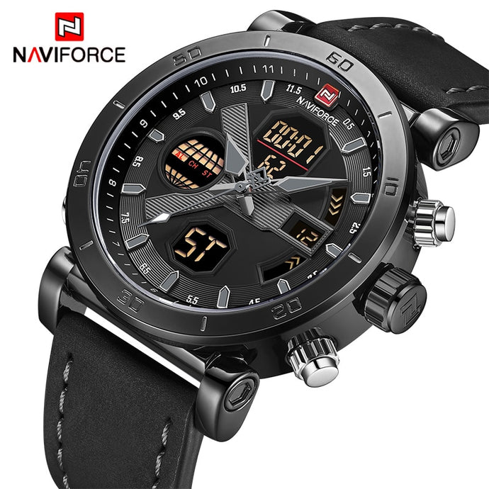 NAVIFORCE TOP Luxury Brand Sport Watches Men Leather Waterproof Army Military Digital Quartz Analog Wrist Watch Man Clock